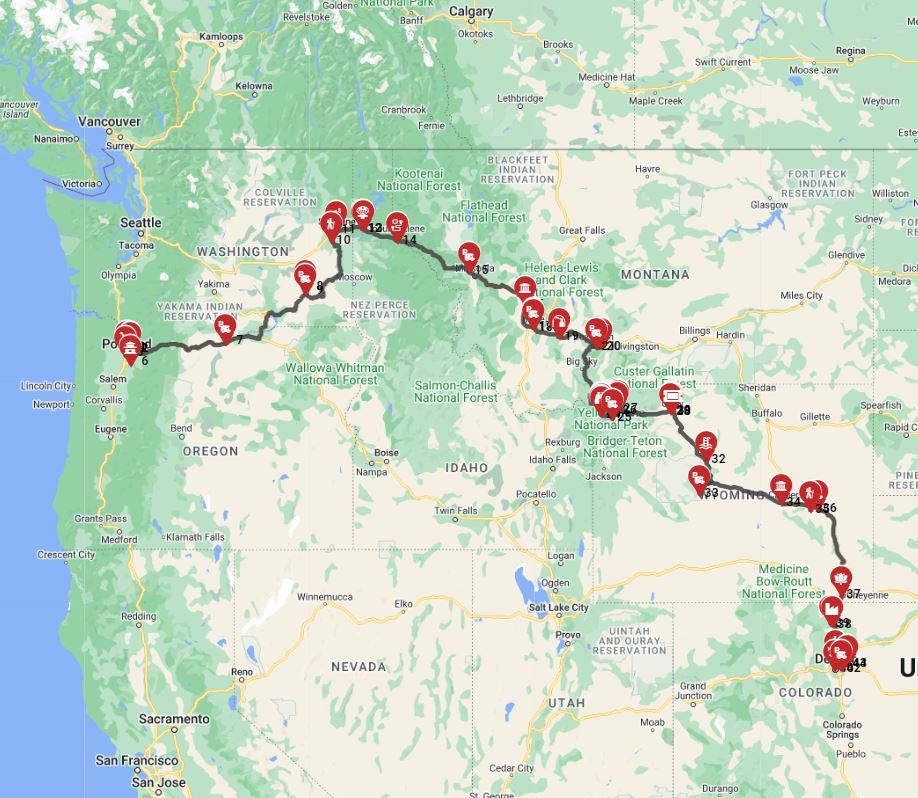Portland to Denver Motorhome trip route planner